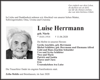 Traueranzeige von Luise Herrmann von Südthüringer Presse