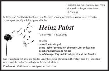 Traueranzeige von Heinz Pabst von Südthüringer Presse