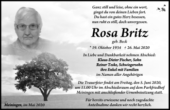 Traueranzeige von Rosa Britz von Südthüringer Presse