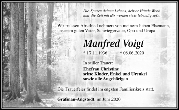 Traueranzeige von Manfred Voigt von Südthüringer Presse