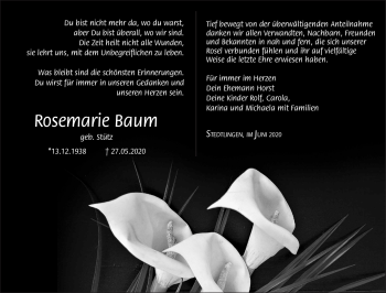 Traueranzeige von Rosemarie Baum von Südthüringer Presse