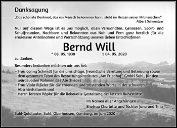 Traueranzeige von Bernd Will von Südthüringer Presse