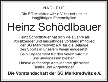 Traueranzeige von Heinz Schödlbauer von Frankenpost