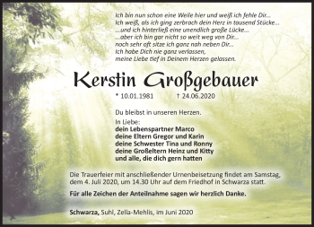 Traueranzeige von Kerstin Großgebauer von Südthüringer Presse