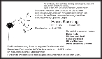 Traueranzeige von Hans Kassing von Frankenpost