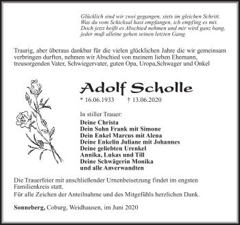 Traueranzeige von Adolf Scholle von Südthüringer Presse
