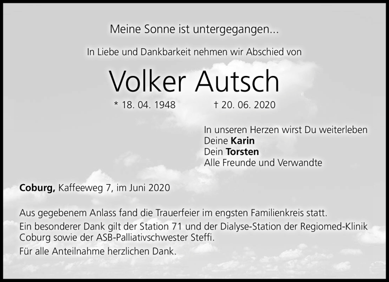  Traueranzeige für Volker Autsch vom 20.06.2020 aus Neue Presse Coburg