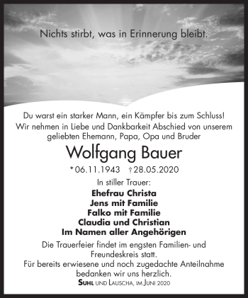 Traueranzeige von Wolfgang Bauer von Südthüringer Presse
