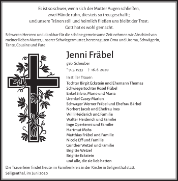 Traueranzeige von Jenni Fräbel von Südthüringer Presse