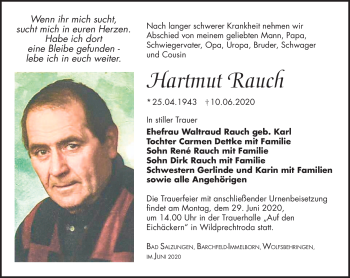 Traueranzeige von Hartmut Rauch von Südthüringer Presse