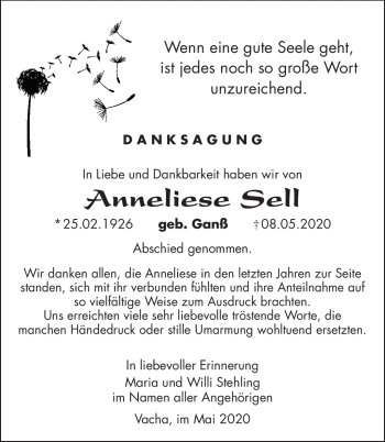 Traueranzeige von Anneliese Sell von Südthüringer Presse