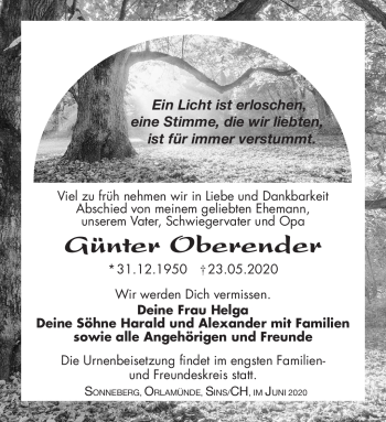 Traueranzeige von Günter Oberender von Südthüringer Presse