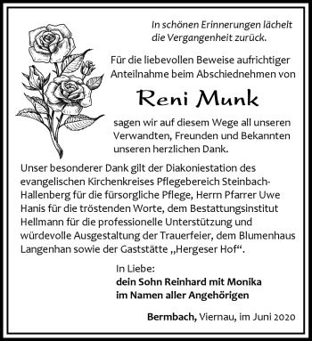 Traueranzeige von Reni Munk von Südthüringer Presse