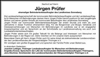 Traueranzeige von Jürgen Prüfer von Südthüringer Presse