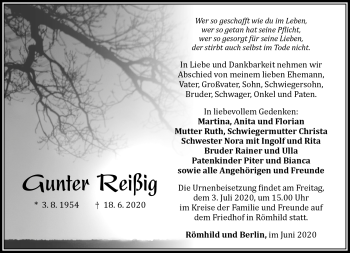 Traueranzeige von Gunter Reißig von Südthüringer Presse