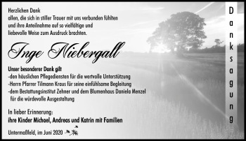 Traueranzeige von Inge Niebergall von Südthüringer Presse