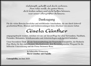 Traueranzeige von Gisela Günther von Südthüringer Presse