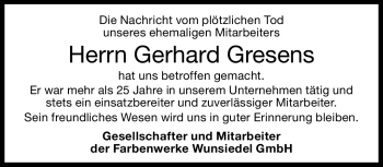 Traueranzeige von Gerhard Gresens von Frankenpost