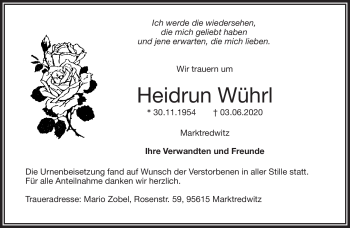 Traueranzeige von Heidrun Wührl von Frankenpost