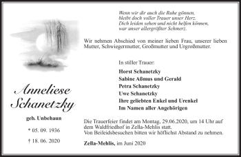 Traueranzeige von Anneliese Schanetzky von Südthüringer Presse