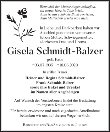 Traueranzeige von Gisela Schmidt-Balzer von Südthüringer Presse