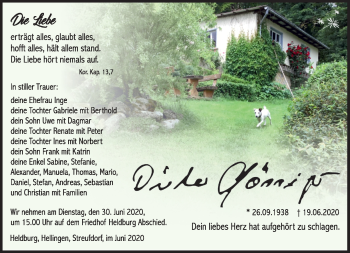 Traueranzeige von Dieter Gössinger von Südthüringer Presse