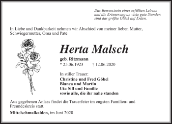 Traueranzeige von Herta Malsch von Südthüringer Presse