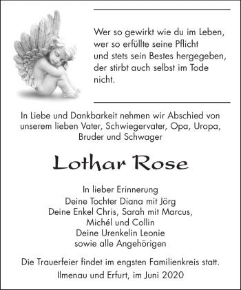 Traueranzeige von Lothrar Rose von Südthüringer Presse