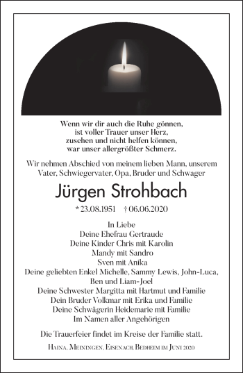 Traueranzeige von Jürgen Strohbach von Südthüringer Presse