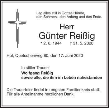 Traueranzeige von Günter Reißig von Frankenpost