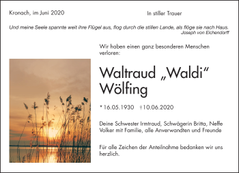 Traueranzeige von Waltraud Wölfing von Neue Presse Coburg