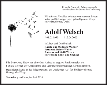 Traueranzeige von Adolf Welsch von Südthüringer Presse