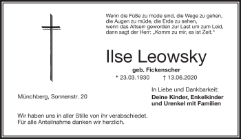 Traueranzeige von Ilse Leowsky von Frankenpost