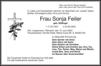 Traueranzeige von Sonja Feiler von Frankenpost