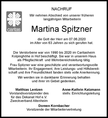 Traueranzeige von Martina Spitzner von Frankenpost