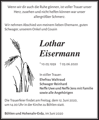 Traueranzeige von Lothar Eisermann von Südthüringer Presse