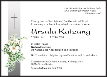 Traueranzeige von Ursula Katzung von Südthüringer Presse