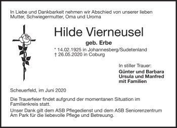 Traueranzeige von Hilde Vierneusel von Neue Presse Coburg