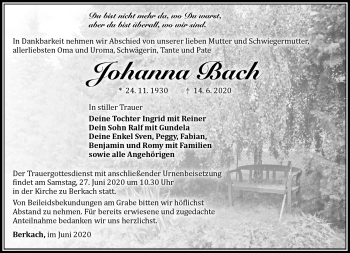 Traueranzeige von Johanna Bach von Südthüringer Presse