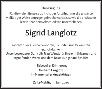 Traueranzeige von Sigrid Langlotz von Südthüringer Presse