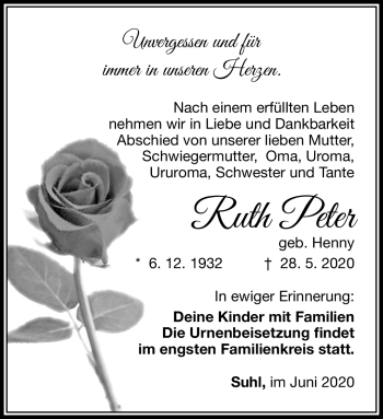 Traueranzeige von Ruth Peter von Südthüringer Presse