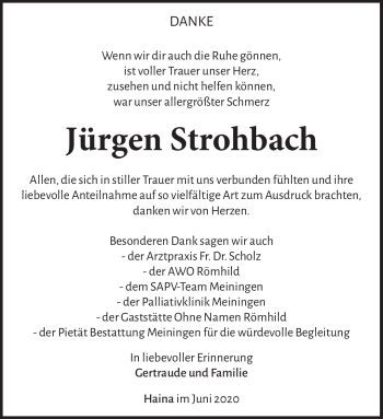 Traueranzeige von Jürgen Strohbach von Südthüringer Presse