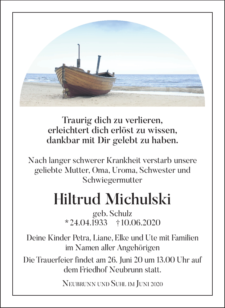  Traueranzeige für Hiltrud Michulski vom 20.06.2020 aus Südthüringer Presse