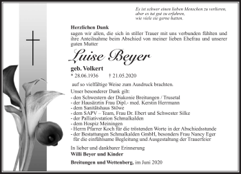 Traueranzeige von Luise Beyer von Südthüringer Presse