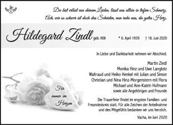 Traueranzeige von Hildegard Zindl von Südthüringer Presse