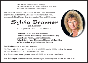 Traueranzeige von Sylvia Brauner von Südthüringer Presse