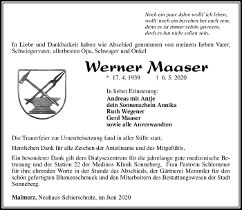 Traueranzeige von Werner Maaser von Südthüringer Presse