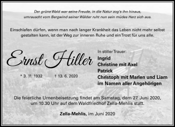 Traueranzeige von Ernst Hiller von Südthüringer Presse