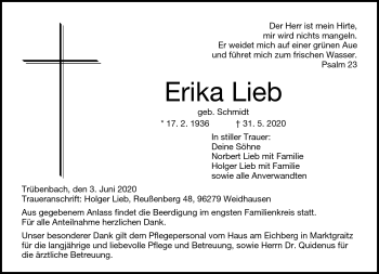 Traueranzeige von Erika Lieb von Neue Presse Coburg