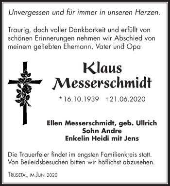 Traueranzeige von Klaus Messerschmidt von Südthüringer Presse